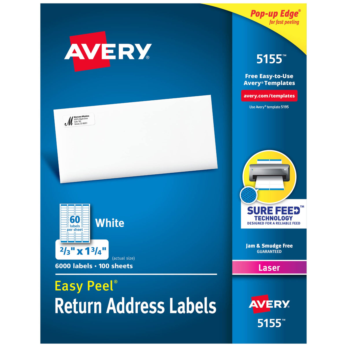 Avery® Printable Return Address Labels, Sure Feed® Technology, 0.5" x 1.75", White, 6,000 Blank Mailing Labels (05155) 0.5" x 1.75" 6,000 labels