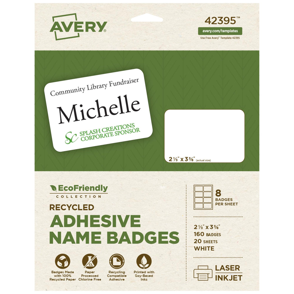 Avery® EcoFriendly Recycled Name Tags, 2-1/3" x 3-3/8", White, Removable Adhesive, 160 Printable Name Badges (42395) 2-1/3" x 3-3/8" 160 badges