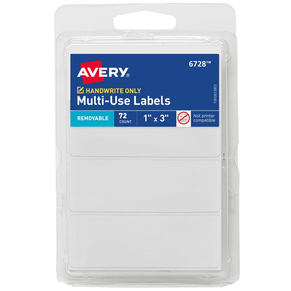 Avery® Multi-Use Removable Labels, 1" x 3", White, Non-Printable, 72 Blank Labels Total (6728) 1 x 3 Inch