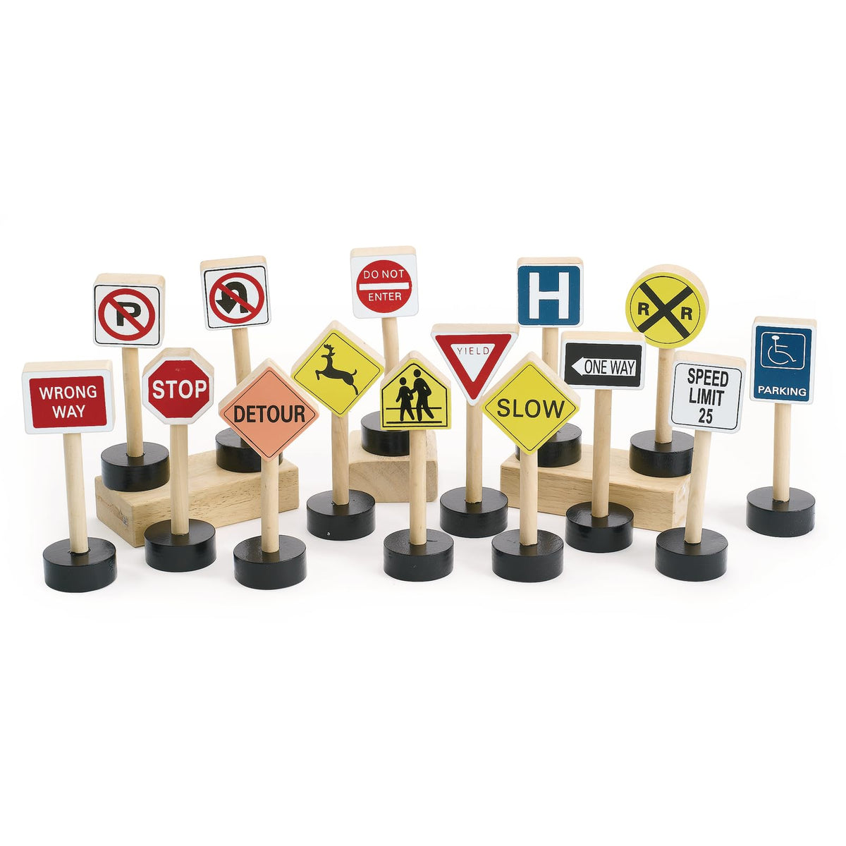 Excellerations 15-Piece, 5.5 inches H, Premium Wooden Street Signs Playset for Kids, Compatible with Kids Train Sets, Block Set