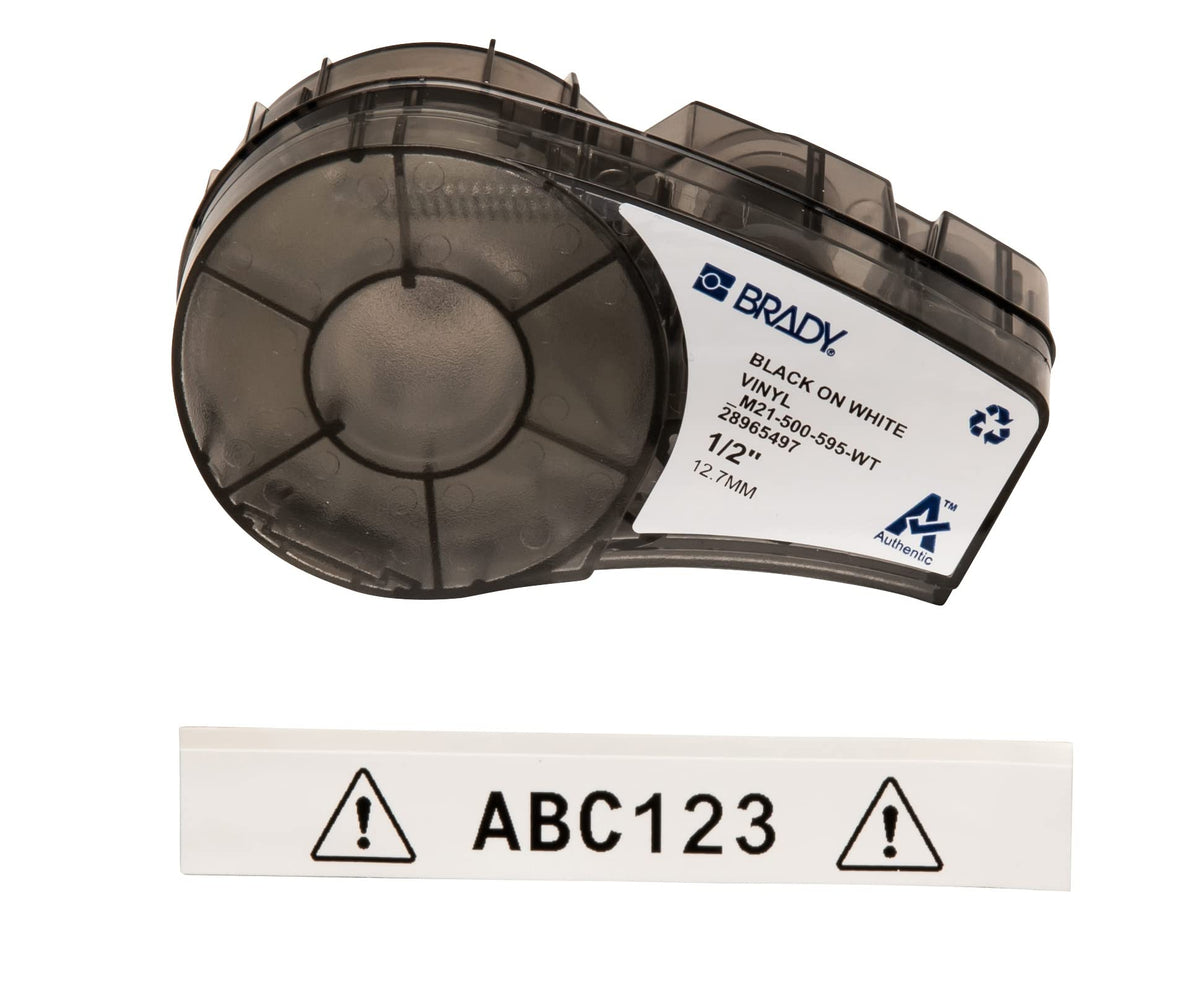 Brady Authentic (M21-500-595-WT) All-Weather Vinyl Label for Indoor/Outdoor ID, Lab and Equipment Labeling, Black on White- For M210, M210-LAB, M211, BMP21-PLUS and BMP21-LAB Printers, .5" W 21' L 0.5" W, 21' L
