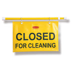 Rubbermaid Commercial Products Heavy Duty Extend-to-Fit, Multilingual "Closed For Cleaning" Hanging Doorway Safety Sign, Yellow, for Office/Restroom/Restaurant/School/Hospital/Hotel English Only