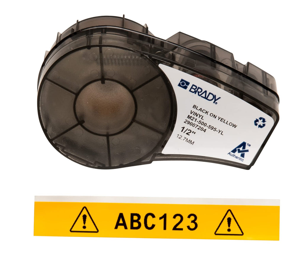 Brady Authentic (M21-500-595-YL) All-Weather Vinyl Label for Indoor/Outdoor ID, Lab and Equipment Labeling, Black on Yellow- For M210, M210-LAB, M211, BMP21-PLUS and BMP21-LAB Printers, .5" W 21' L 0.5" W, 21' L