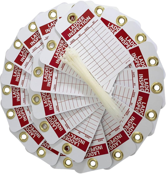 NMC Ladder Inspection Tag, Double-Sided, 25-Pack, 3" Width x 6" Height, Unrippable Vinyl, White/Red Text on Red/White Base, Made in The USA, RPT168G