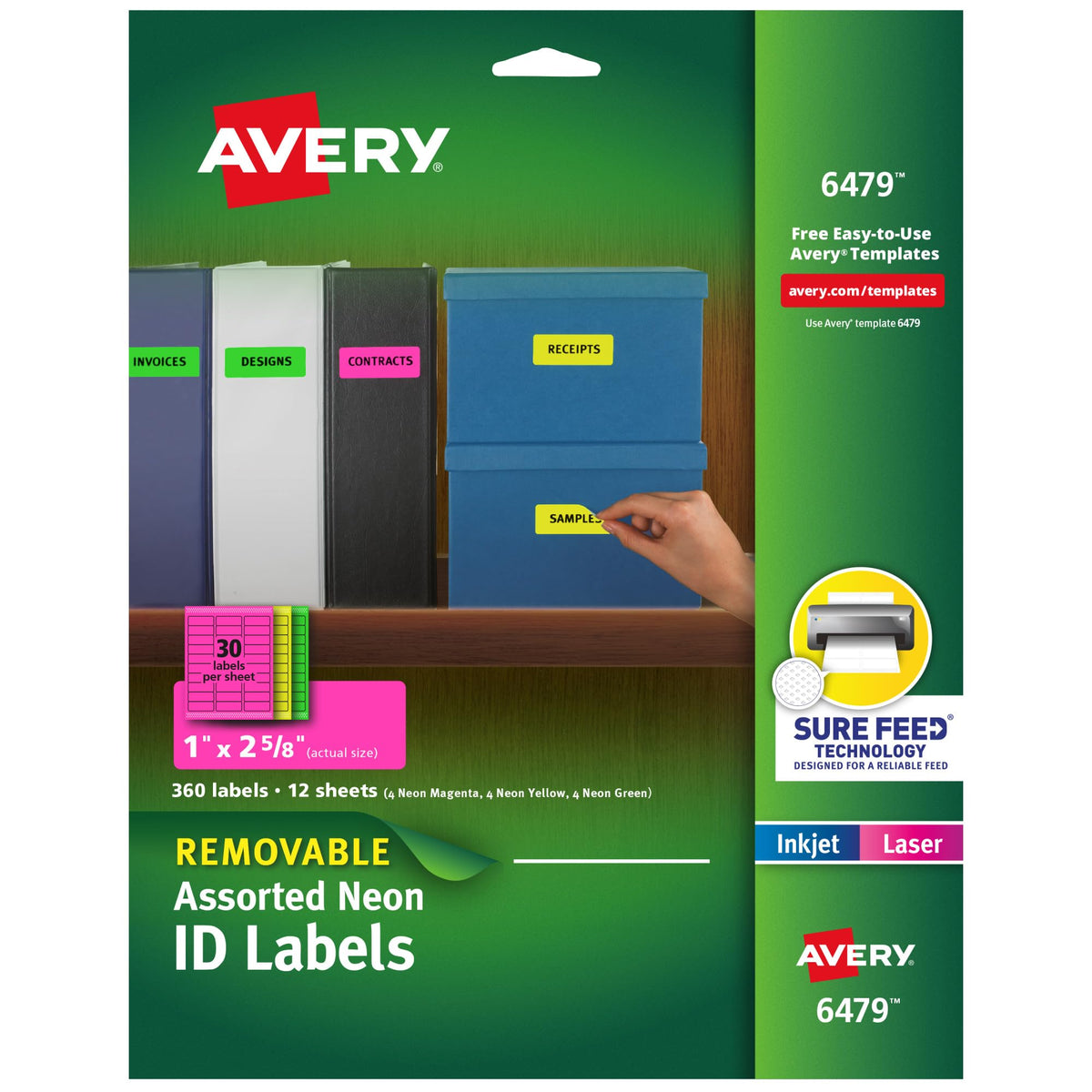 Avery Printable Labels, Sure Feed Technology, 1" x 2-5/8", Assorted Neon Colors (Green, Magenta, and Yellow), Removable Adhesive, Laser & Inkjet Compatible, 360 Blank Labels Total (6479) 1"H x 2 5/8"W