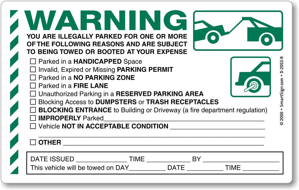 SmartSign Warning You are Illegally Parked Stickers | Pack of 50 Labels with Permanent Adhesive, 5 x 8 inch Paper, Tow Warning Parking Sticker, Hard to Remove Write-On Tickets, Green, Black and White Warning - Illegally Parked