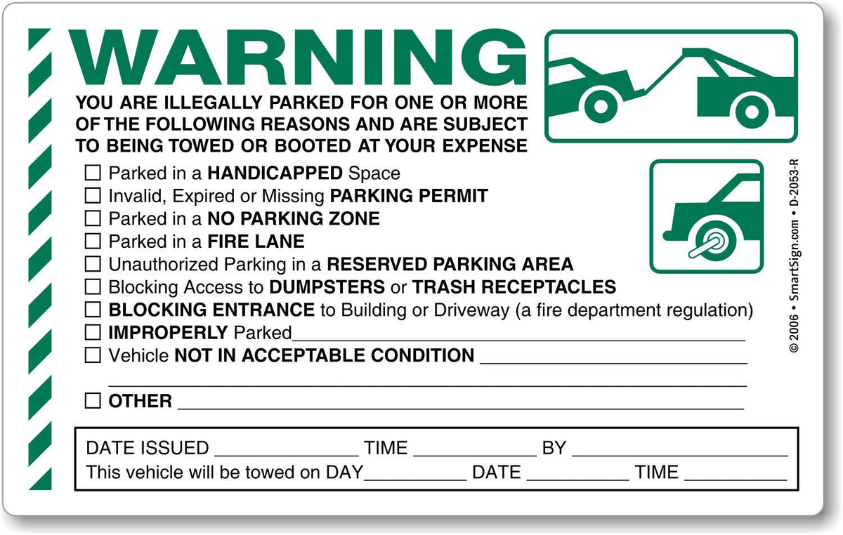 SmartSign Warning You are Illegally Parked Stickers | Pack of 50 Labels with Permanent Adhesive, 5 x 8 inch Paper, Tow Warning Parking Sticker, Hard to Remove Write-On Tickets, Green, Black and White Warning - Illegally Parked