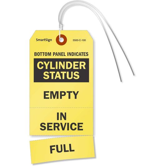 SmartSign (Pack of 100) 5.75 x 2.875 inch “Cylinder Status - Empty, in Service, Full” 3-Part Perforated Tags with Pre-Attached Wires, 13 Point Cardstock, Black and Yellow 2.875" x 5.75"