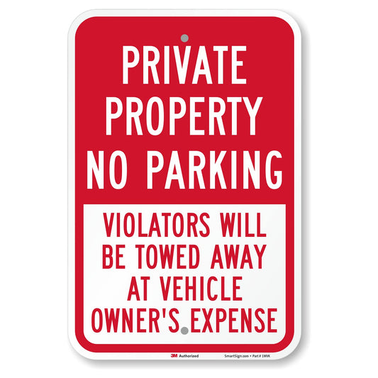 SmartSign - K-5476-EG-12x18 "Private Property - No Parking Violators Towed" Sign | 12" x 18" 3M Engineer Grade Reflective Aluminum Red on White