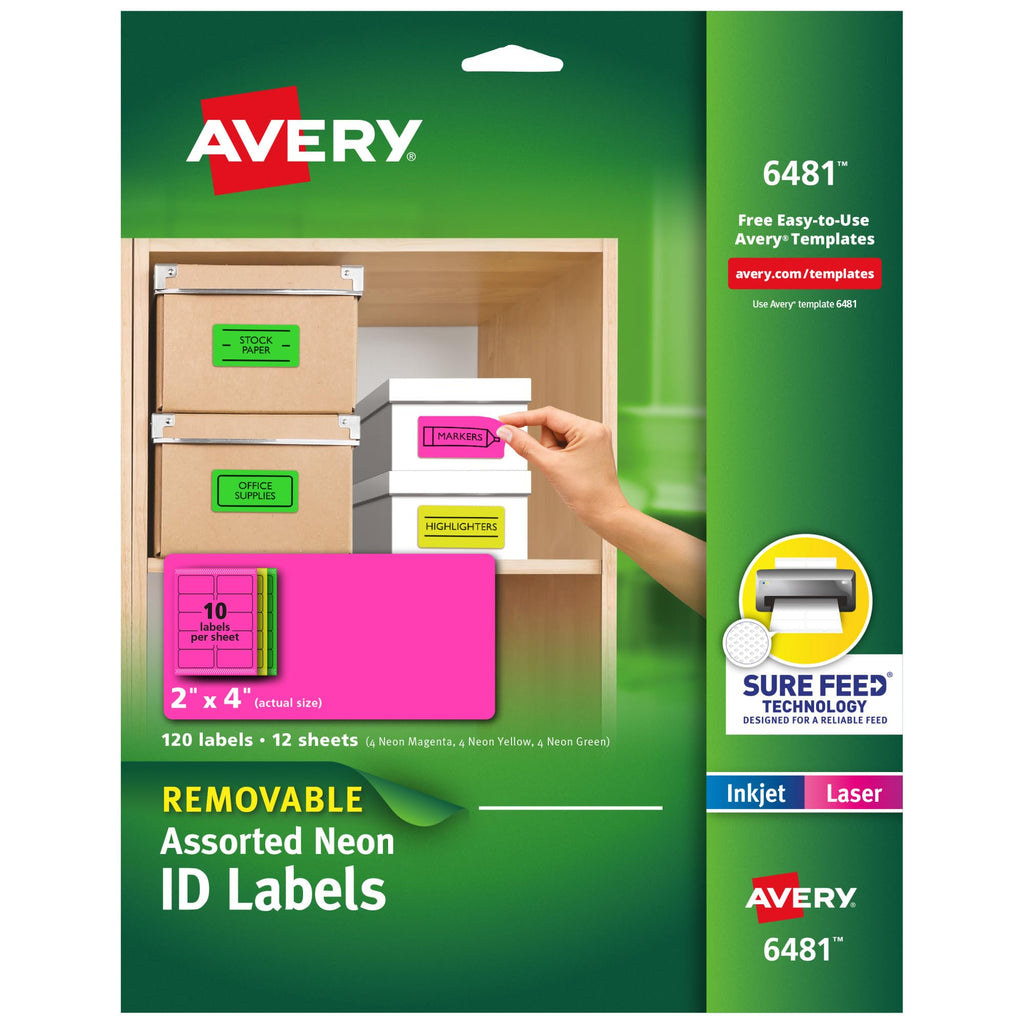Avery Printable Labels with Sure Feed, 2" x 4", Assorted Neon Colors (Green, Magenta, and Yellow), Removable Adhesive, Laser & Inkjet Compatible, 120 Blank Labels Total (6481)