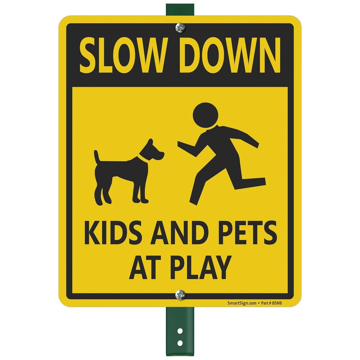 SmartSign "Slow Down - Kids And Pets At Play" LawnBoss® Sign | 10" x 12" Aluminum Sign With 3' Stake 10" x 12"