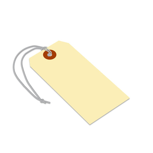 SmartSign Blank Manila Shipping Tags with Elastic Strings - Pack of 100, Size-5, 13pt Thick Pre-Strung Cardstock Tag, 4.75 x 2.375 inch, Paper Hang Tags with Reinforced Fiber Patch, Made in USA 4 3/4" x 2 3/8" Elastic Strings - 100 Tags