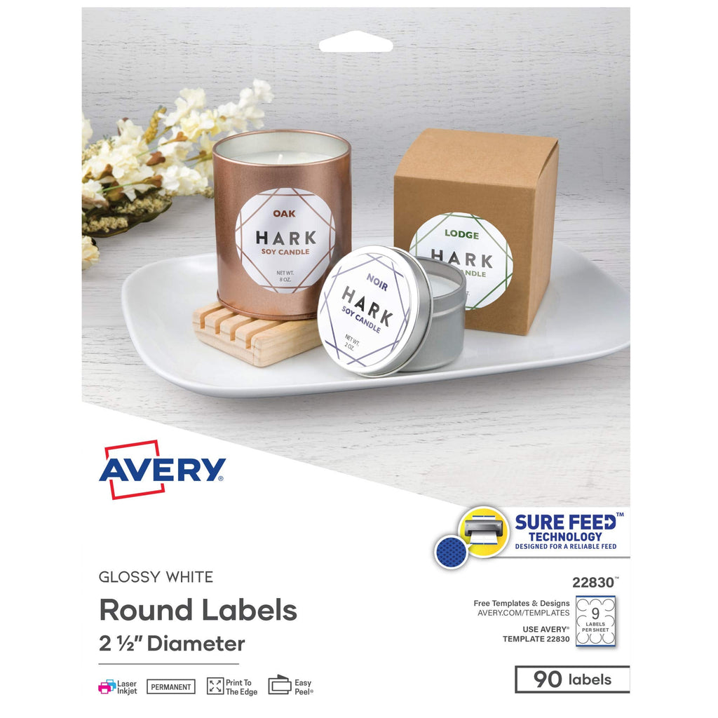 Avery Printable Round Labels with Sure Feed, 2.5" Diameter, Glossy White, 450 Customizable Labels (22830) 450 labels 2.5"