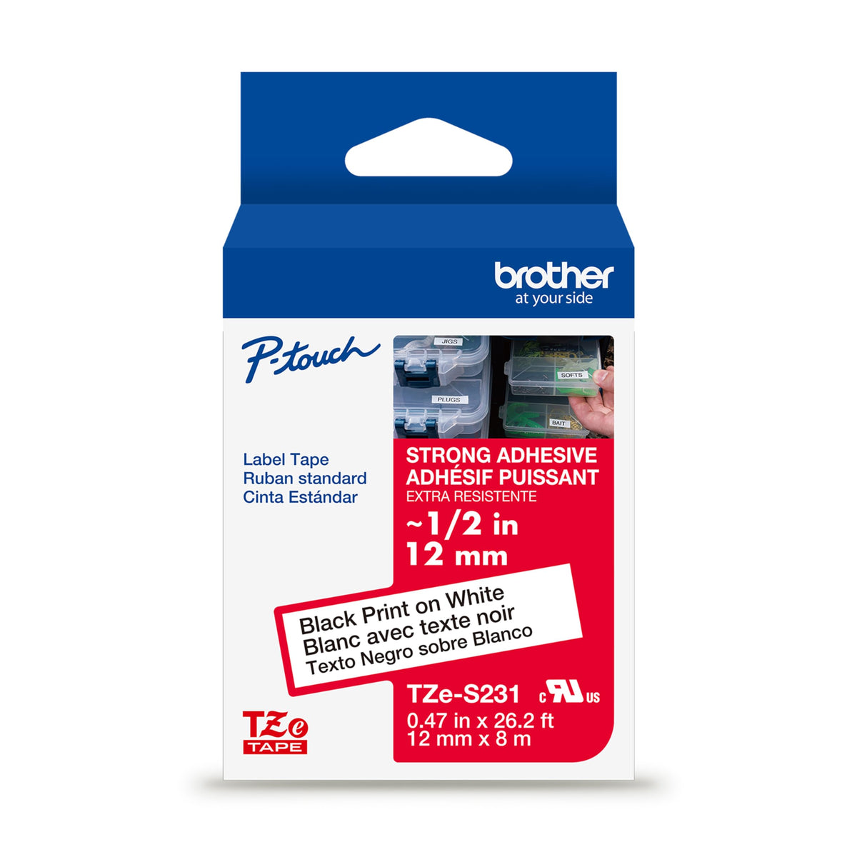 Brother Genuine P-Touch TZe Black Print on White Label Tape (TZeS231), Strong Adhesive Laminated, ~1/2in x 26.2ft (12mm x 8m), for Select P-Touch Label Makers, Water-Resistant, Extra Strength Black Print on White Extra Strength Tape Pack of 1