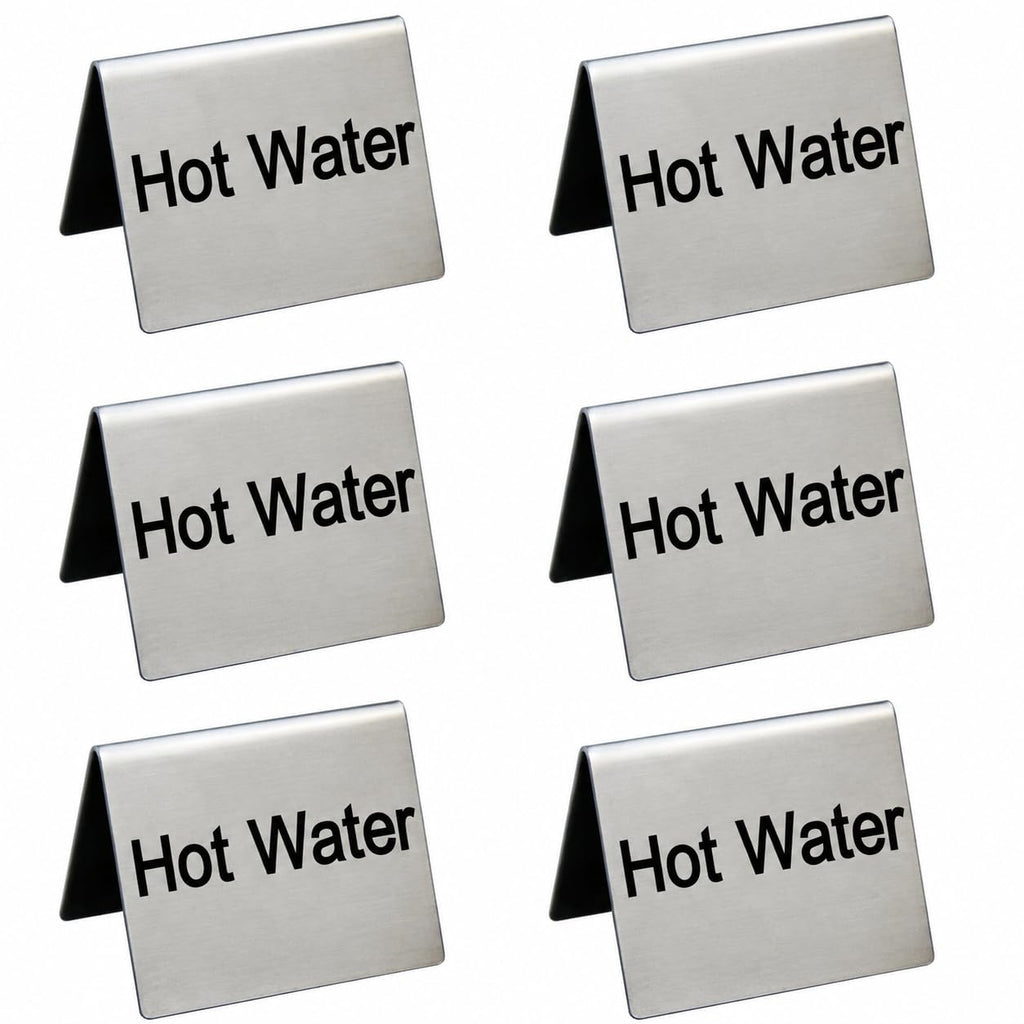 New Star Foodservice Stainless Steel Table Tent Sign (Silver (Hot Water), 2-Inch by 2-Inch (Set of 6)