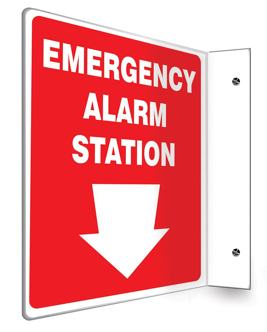 Accuform PSP415 Projection Sign 90D, "Emergency Alarm Station (Arrow)", 12" x 9" Panel, 0.10" Thick High-Impact Plastic, Pre-Drilled Mounting Holes, White on Red