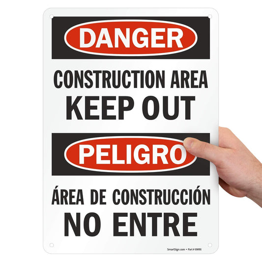 SmartSign - U9-1363-NP_10x14 "Danger - Construction Area, Keep Out" Bilingual Sign | 10" x 14" Plastic Black/Red on White 14" x 10"