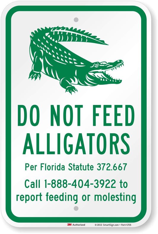 SmartSign - K-9824-HI-12x18 "Do Not Feed Alligators" Official Florida Sign | 12" x 18" 3M High Intensity Grade Reflective Aluminum Green on White HIS Reflective Aluminum 18" x 12"