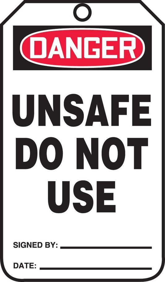 Accuform Signs MDT126CTP Safety Tag, Legend "Danger Unsafe DO NOT USE", 5.75" Length x 3.25" Width x 0.010" Thickness, PF-Cardstock, Red/Black on White (Pack of 25)