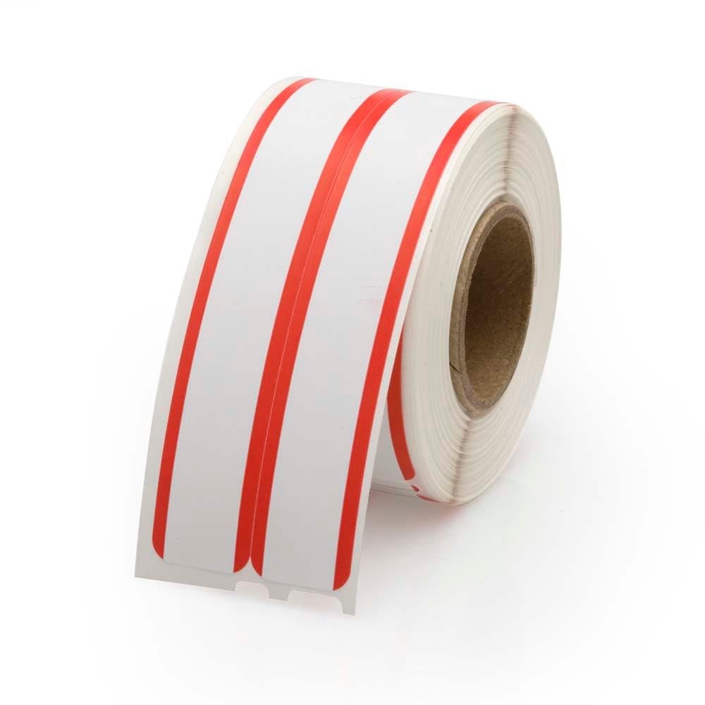 Dymo compatible LV-30276 file folder labels with red stripe, 2-up format, by Labelvalue, showing labels on a file folder.