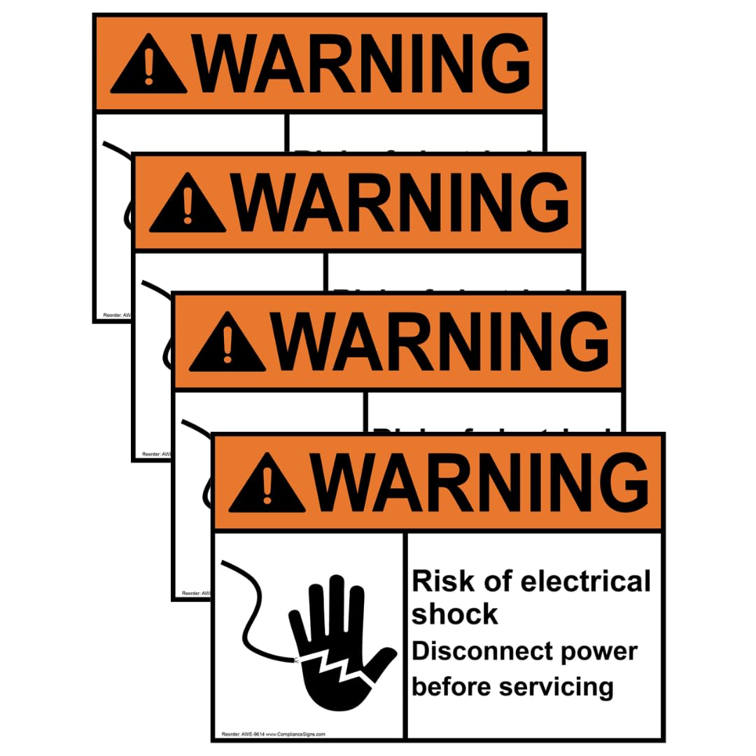 ComplianceSigns.com Warning Risk of Electrical Shock Disconnect Power Before Servicing ANSI Label Decal, 5x3.5 inch 4-Pack Vinyl for Electrical