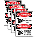 ComplianceSigns.com DANGER Keep Hands And Fingers Away English + Spanish OSHA Safety Label Decal, 5x3.5 in. 4-Pack Vinyl, American Made Safety Stickers