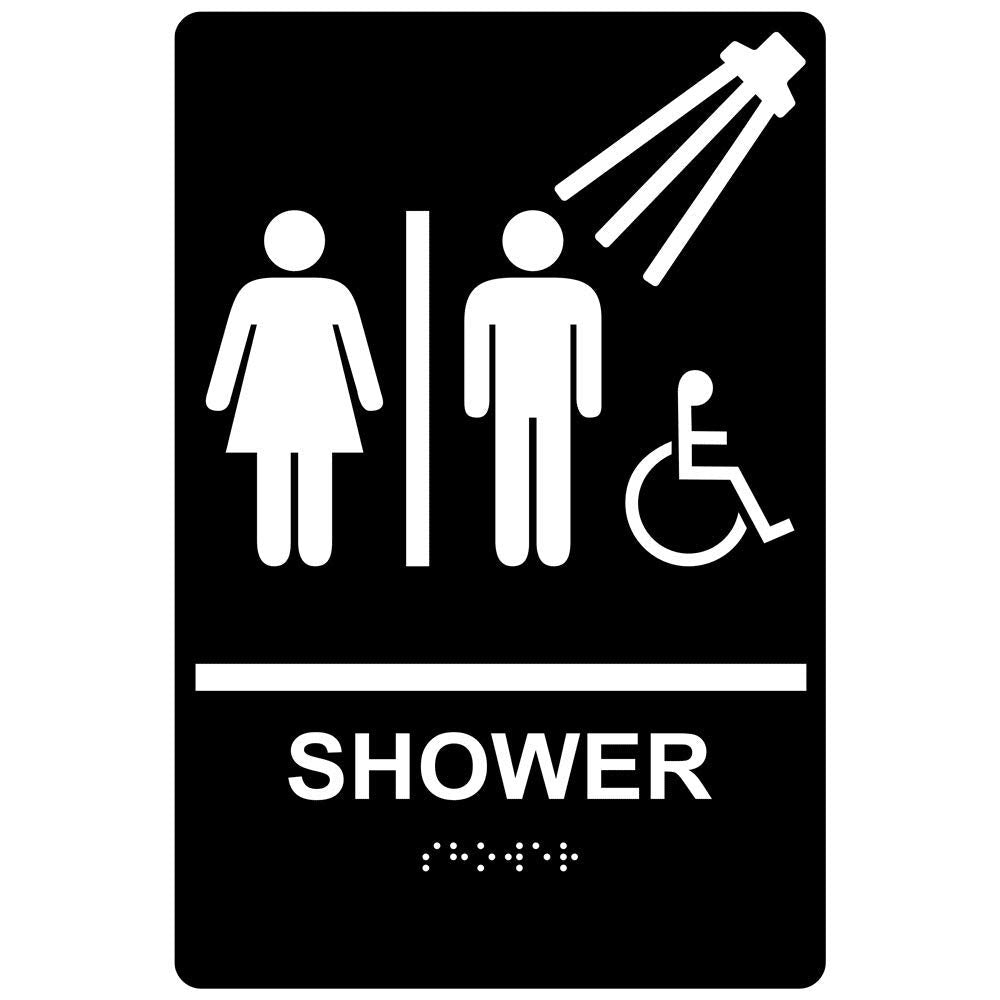 ComplianceSigns.com Shower Sign, ADA-Compliant Braille and Raised Letters, 9x6 inch White on Black Acrylic with Adhesive Mounting Strips