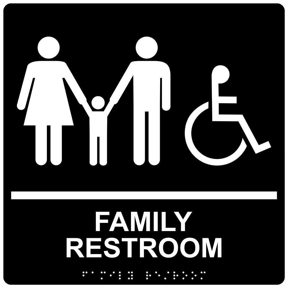 ComplianceSigns.com Family Restroom Sign, ADA-Compliant Braille and Raised Letters, 9x9 in. White on Black Acrylic with Adhesive Mounting Strips 9" x 9"