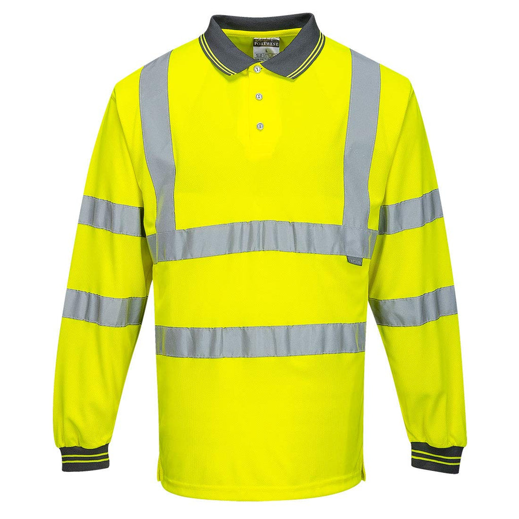 Portwest Hi-Vis Polo ShirtL/S Viz Visibility Reflective Safety Work Wear Top ANSI 3, Yellow, Large