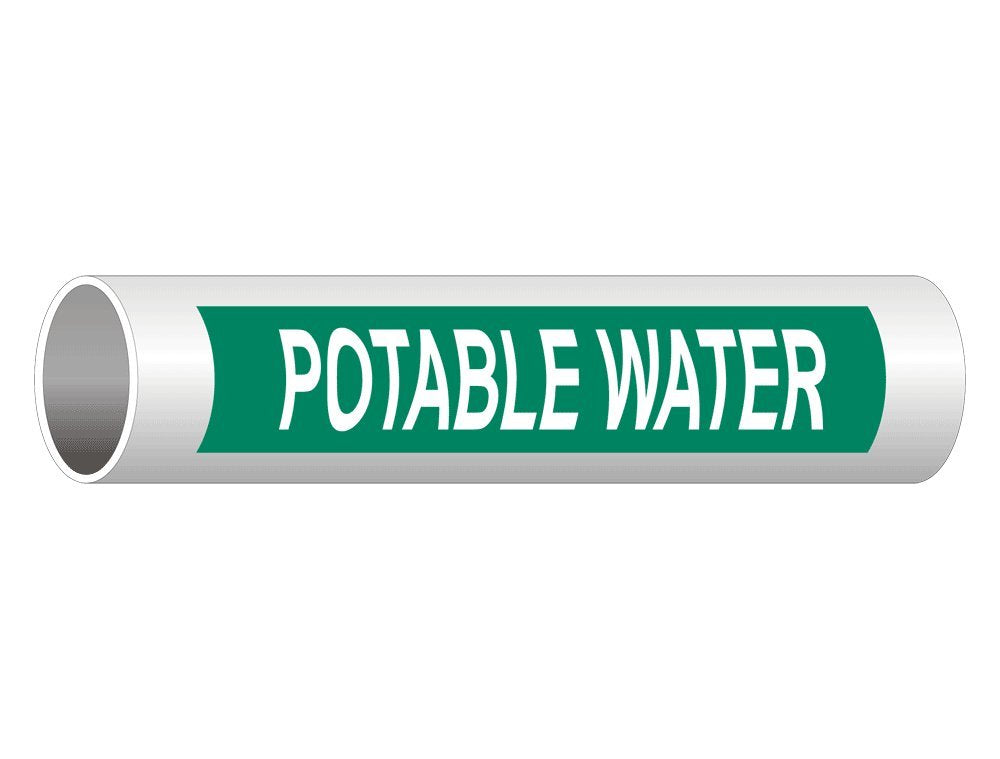 ComplianceSigns potable water pipe label decal in white on green background, 8x2 inch vinyl pipe marker 5-pack for safety signage.