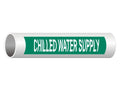 White legend "Chilled Water Supply" pipe marker decal on green background, 8x2 inches, ComplianceSigns vinyl 5-pack for pipe identification