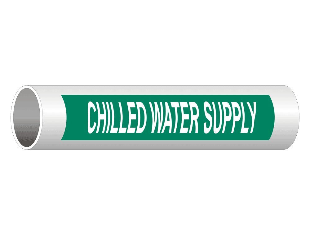 White legend "Chilled Water Supply" pipe marker decal on green background, 8x2 inches, ComplianceSigns vinyl 5-pack for pipe identification
