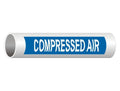 Set of five white legend compressed air pipe labels on blue background, 8x2 inch vinyl markers for industrial pipe identification.
