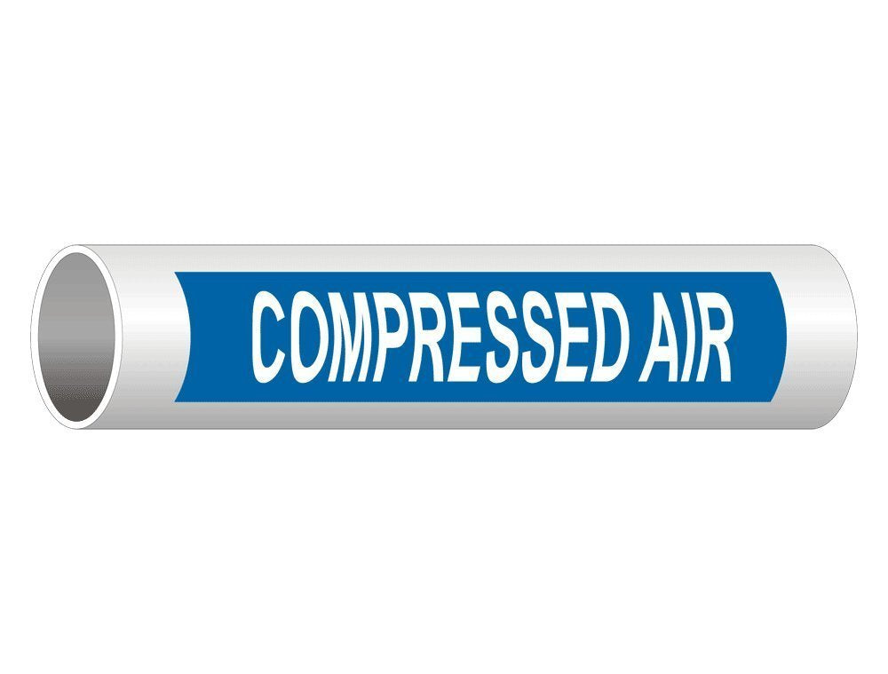 Set of five white legend compressed air pipe labels on blue background, 8x2 inch vinyl markers for industrial pipe identification.