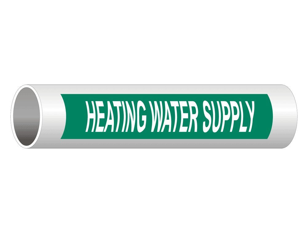 Set of five white legend heating water supply pipe markers on green vinyl decals, 8x2 inches for pipe identification.