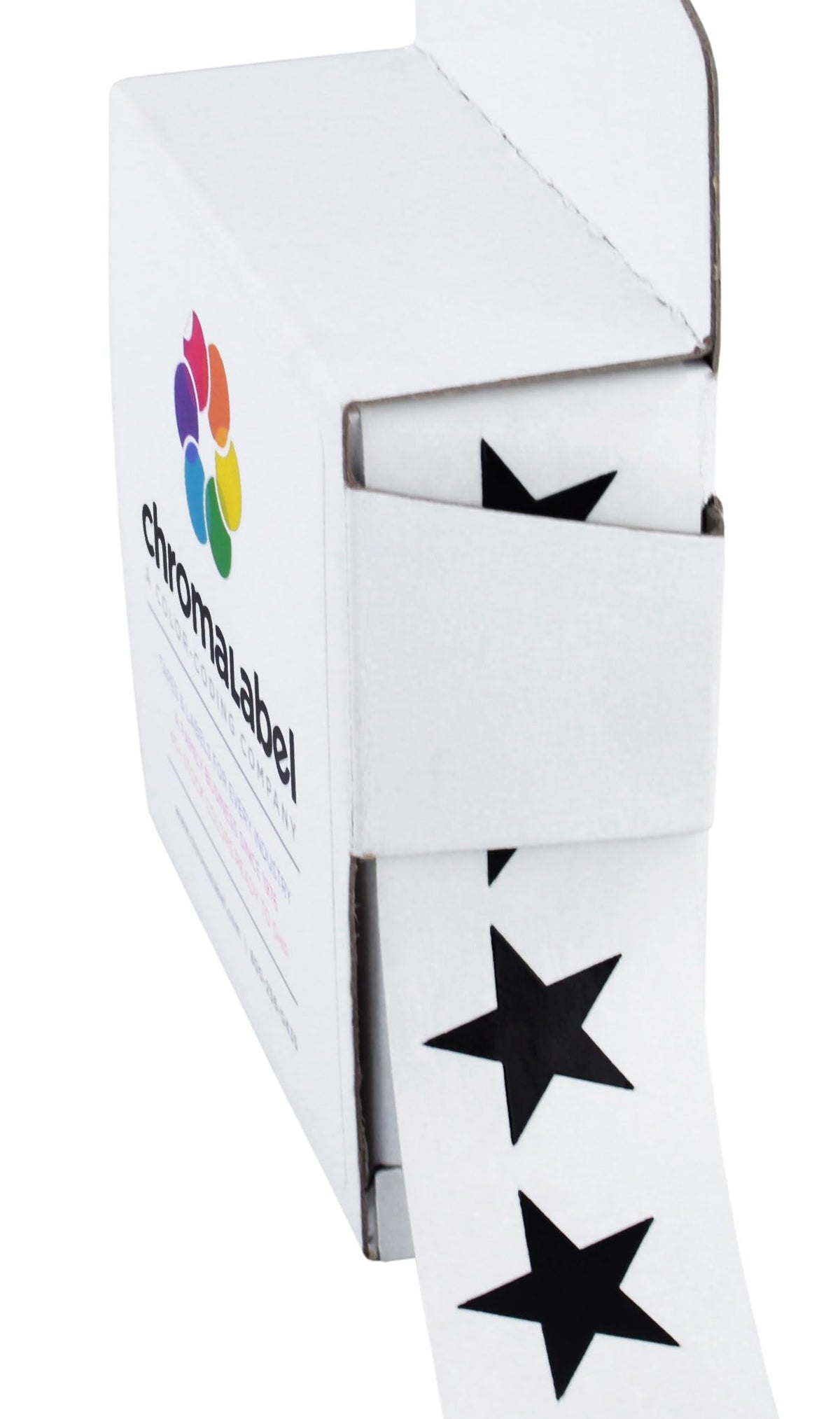 ChromaLabel 0.75-inch black color code star labels, 1000 per dispenser box, ideal for color-coding and organization.