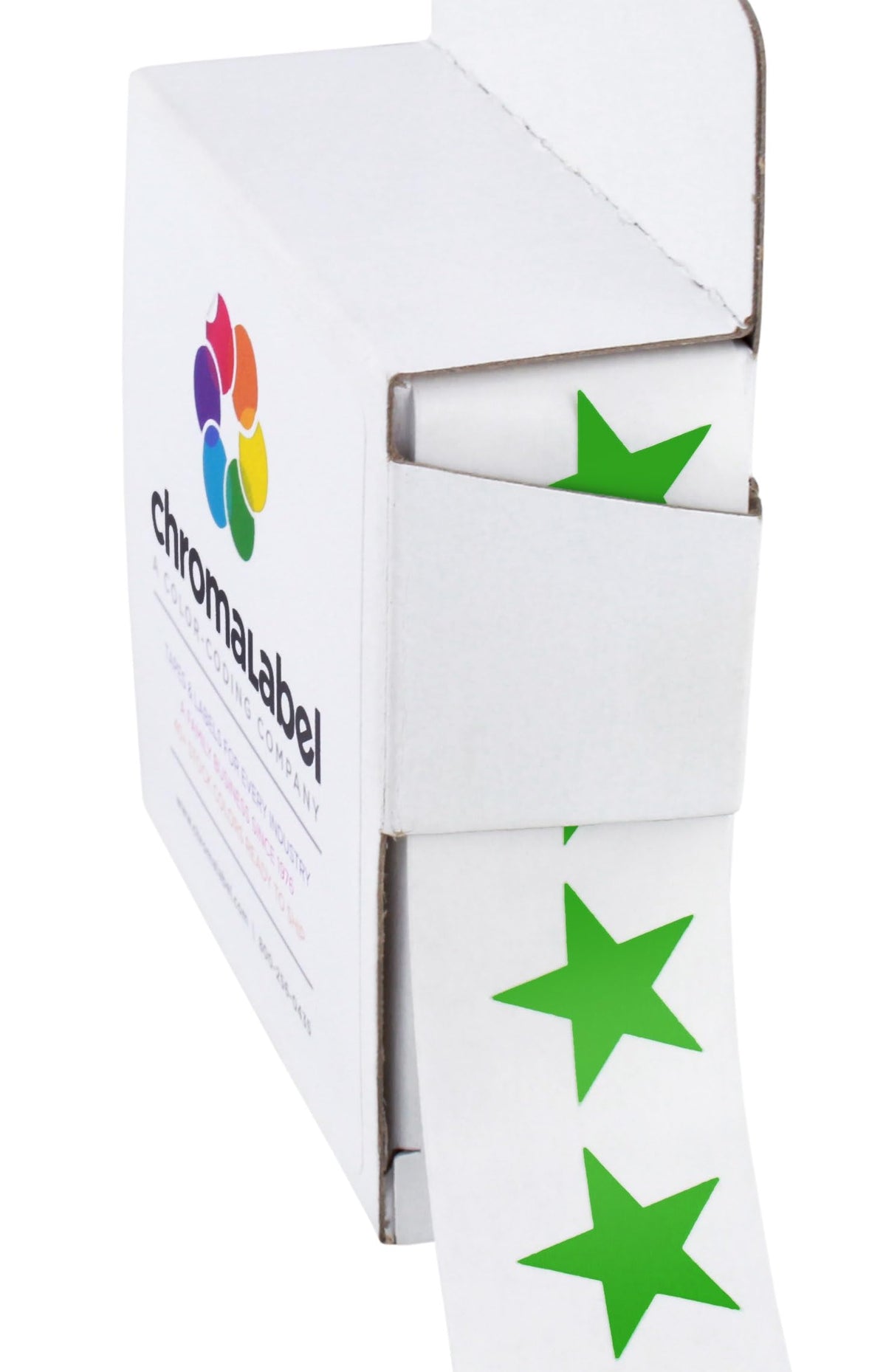 Green ChromaLabel 0.75 inch color code star labels on dispenser box for color-coding and organization.