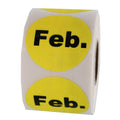 Yellow 1.5-inch round all-purpose inventory labels from LabelValue, shown on a roll for February date tracking.