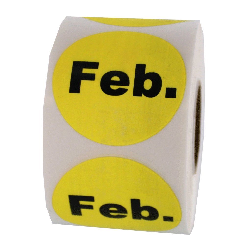 Yellow 1.5-inch round all-purpose inventory labels from LabelValue, shown on a roll for February date tracking.