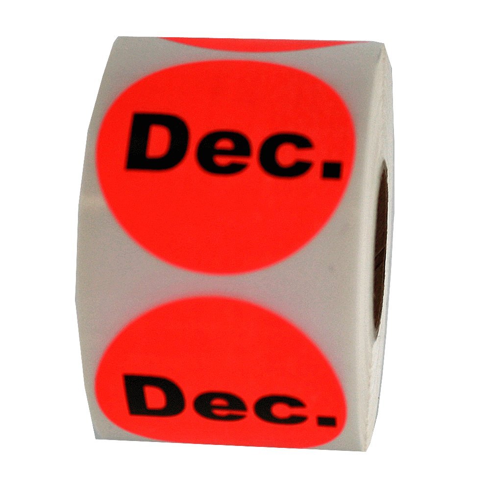 Red all-purpose December date inventory labels from Labelvalue, 1.5-inch round fluorescent labels, 500 per roll.