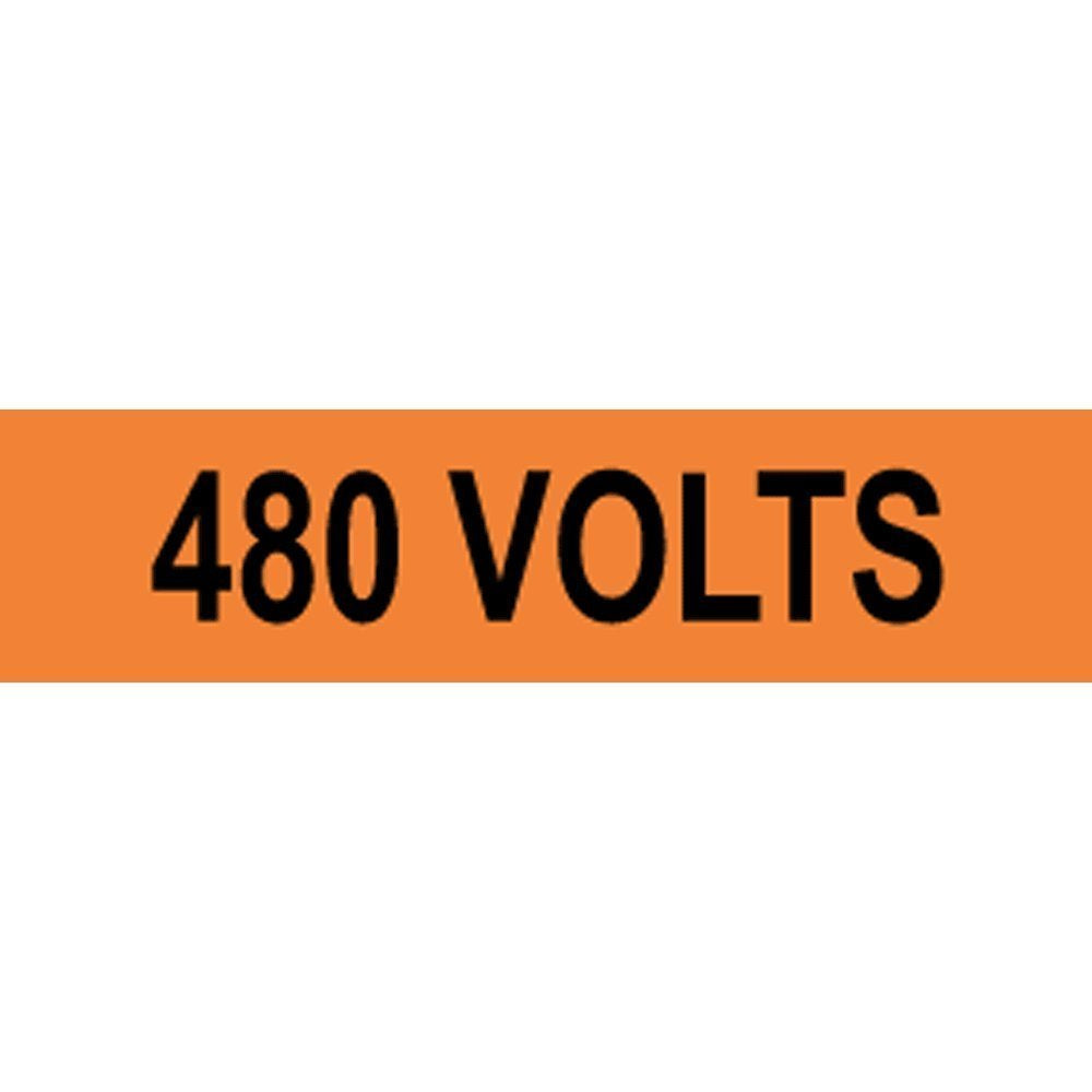 Set of 10 ComplianceSigns 480 Volts safety label decals for electrical pipe markers, made of durable vinyl, 4x1 inches.