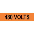 Set of ten 4x1 inch vinyl 480 Volts safety labels by ComplianceSigns.com for electrical pipe markers and safety warnings.