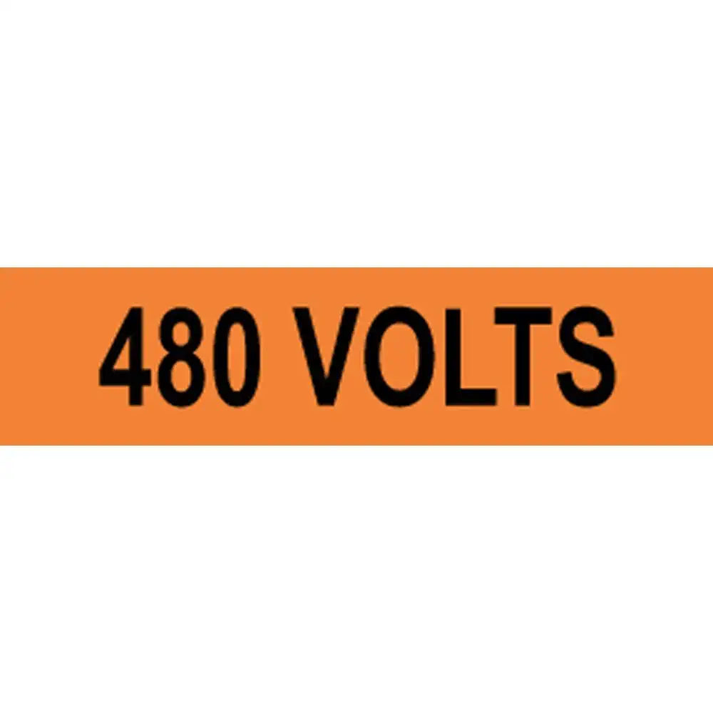 Set of ten 4x1 inch vinyl 480 Volts safety labels by ComplianceSigns.com for electrical pipe markers and safety warnings.