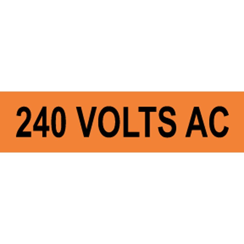 Set of 10 ComplianceSigns 240V AC safety label decals, 4x1 inch vinyl pipe markers for electrical safety.