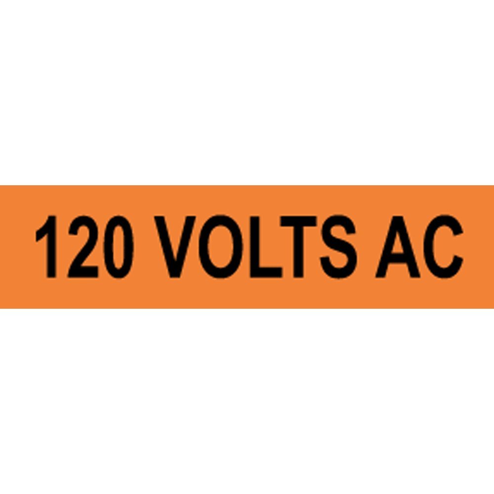 Set of 10 ComplianceSigns 120V AC safety label decals for electrical pipe markers, 4x1 inch vinyl stickers.