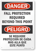 SmartSign 14" x 10" Bilingual (English/Spanish) Danger Fall Protection Required Beyond This Point Metal Sign, 40 mil Laminated Rustproof Aluminum, Pre-Drilled Holes, Red, Black and White, Made in USA