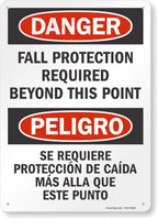 SmartSign 14" x 10" Bilingual (English/Spanish) Danger Fall Protection Required Beyond This Point Metal Sign, 40 mil Laminated Rustproof Aluminum, Pre-Drilled Holes, Red, Black and White, Made in USA