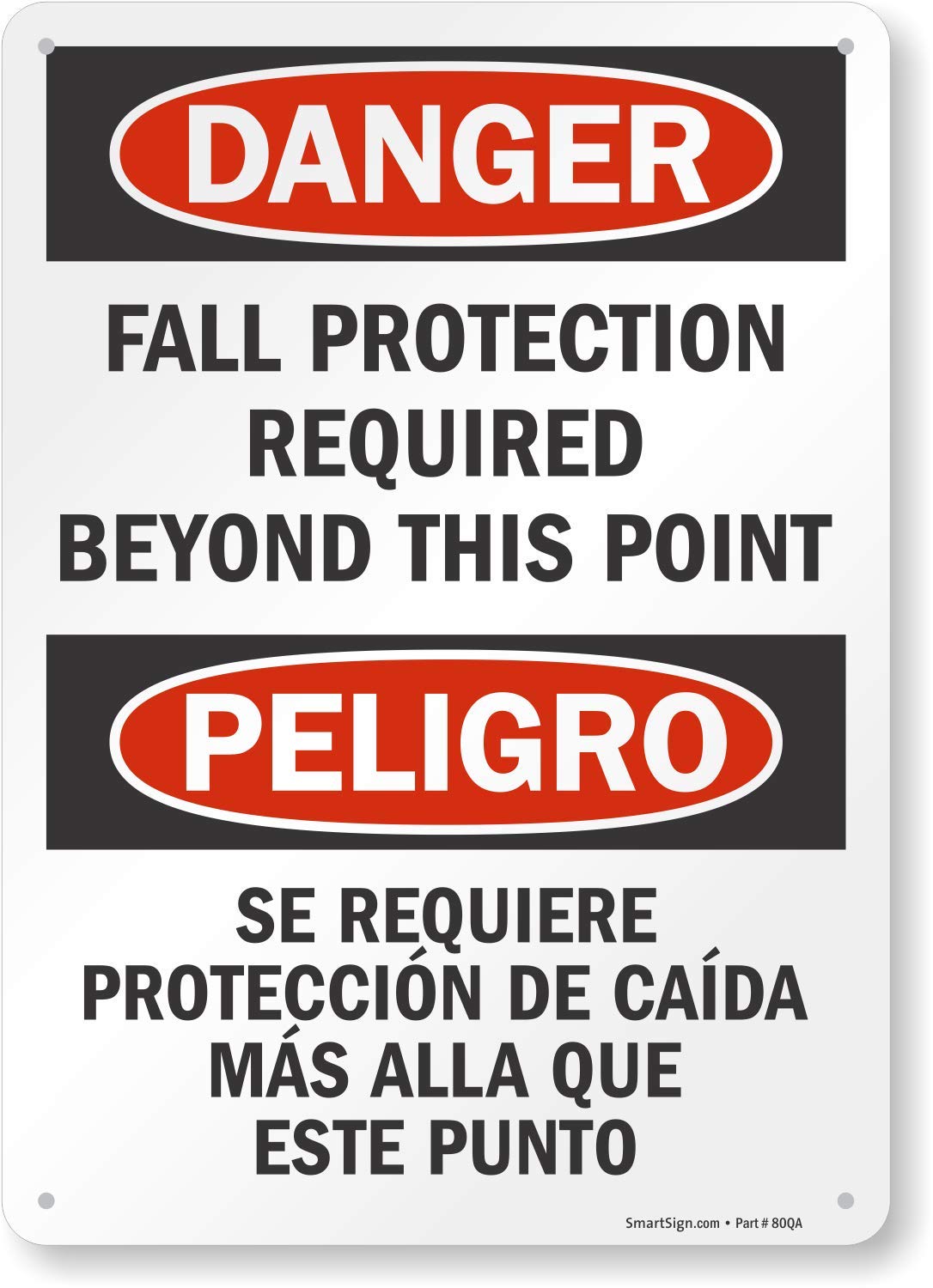 SmartSign 14" x 10" Bilingual (English/Spanish) Danger Fall Protection Required Beyond This Point Metal Sign, 40 mil Laminated Rustproof Aluminum, Pre-Drilled Holes, Red, Black and White, Made in USA