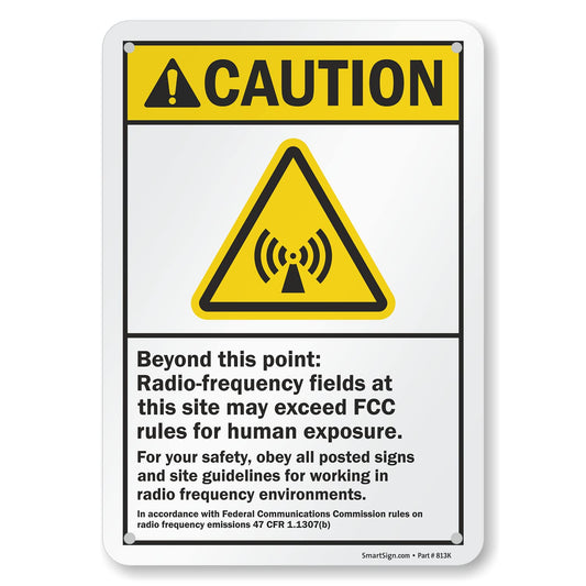 SmartSign 10 x 7 inch “Caution - Beyond This Point: Radio-Frequency Fields May Exceed FCC Rules for Human Exposure” ANSI Metal Sign, 40 mil Laminated Rustproof Aluminum, Yellow, Black and White