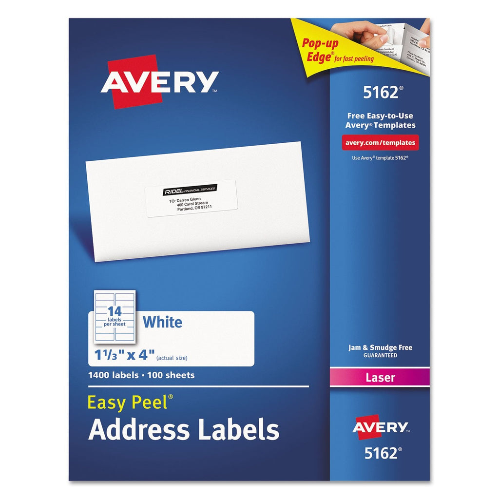 Avery 5162 Laser Labels, Mailing,1-1/3-Inch x4-Inch, 1400/BX, White